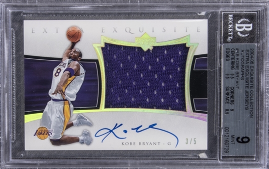 2004-05 UD Exquisite Collection "Extra Exquisite Jerseys Autos" #AEE-KB Kobe Bryant Signed Game Used Patch Card (#3/5) – BGS MINT 9/BGS 10